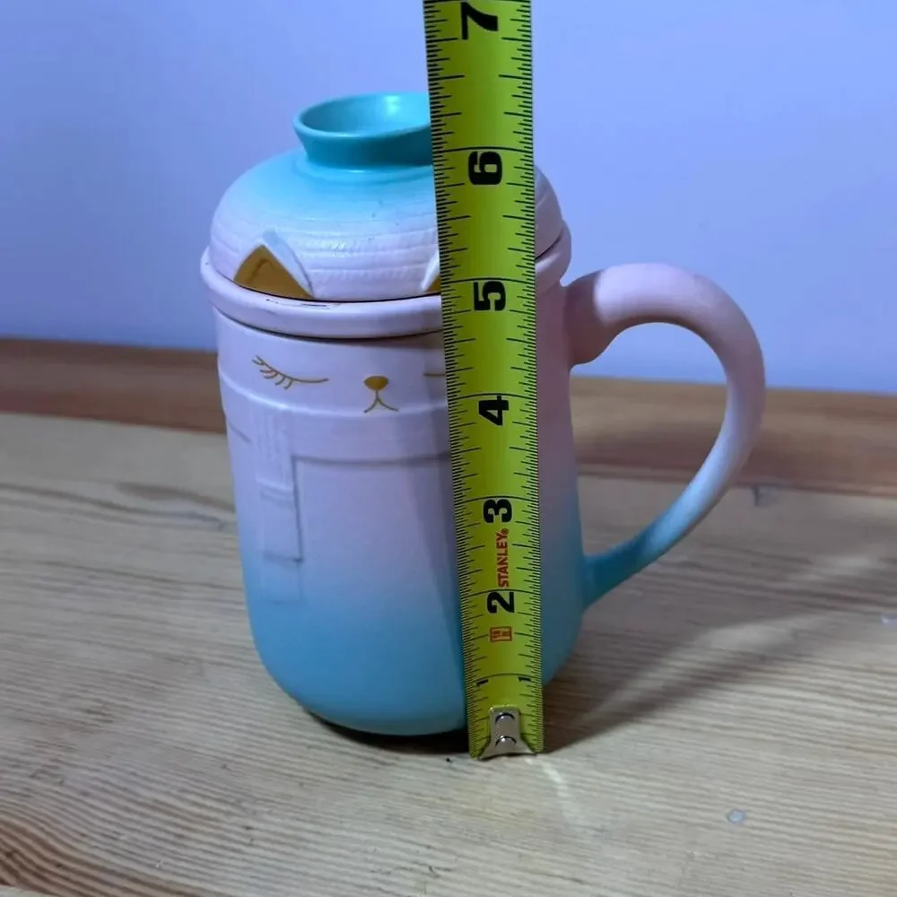 Cute Cat Tea Infuser Mug with Lid Pink Aqua Gradient Ceramic Tea Cup